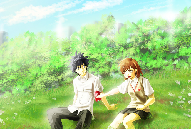 1girl, brown_hair, couple, kamijou_touma, misaka_mikoto, school_uniform, short_hair, to_aru_kagaku_no_railgun