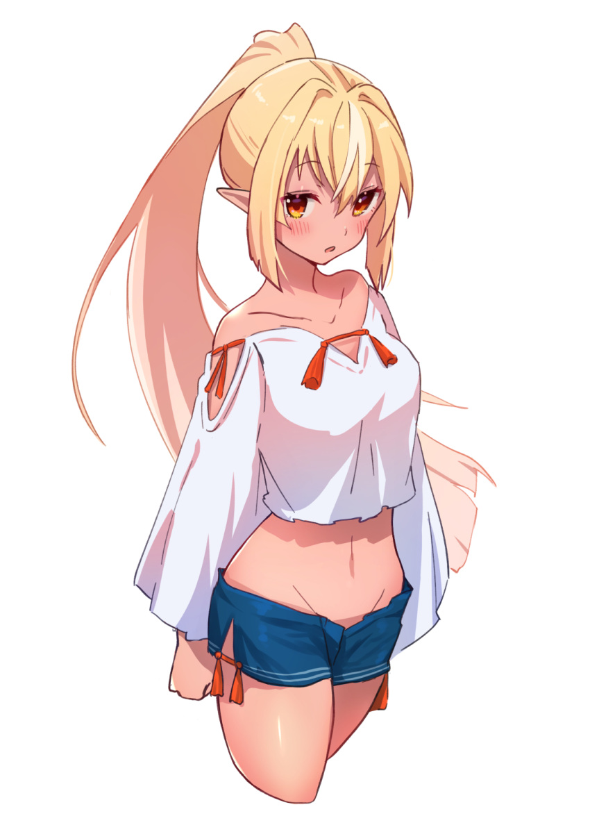 1girl, alternate_costume, bare_shoulders, blonde_hair, blue_shorts, blush, breasts, casual