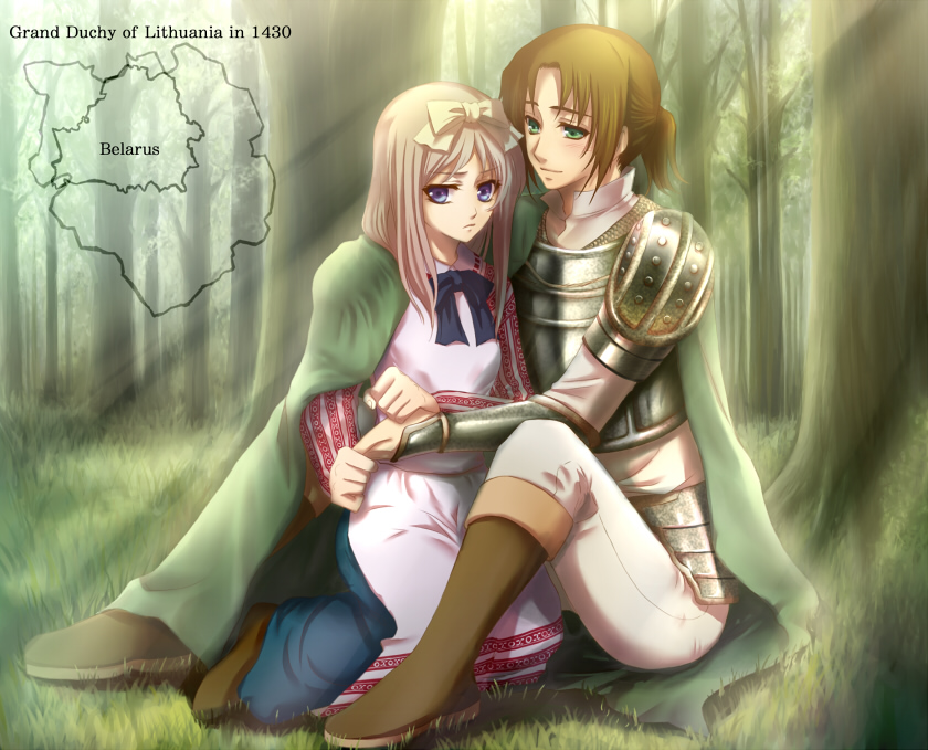 1girl, apron, armor, axis_powers_hetalia, bad_id, belarus_(hetalia), blue_eyes, boots, brown_hair, cloak, couple, dress, forest, grand_duchy_of_lithuania, green_eyes, hair_ribbon, lithuania_(hetalia), medieval, nature, pout, ribbon, sasano_shiki, silver_hair, sitting, sunlight, white_russia