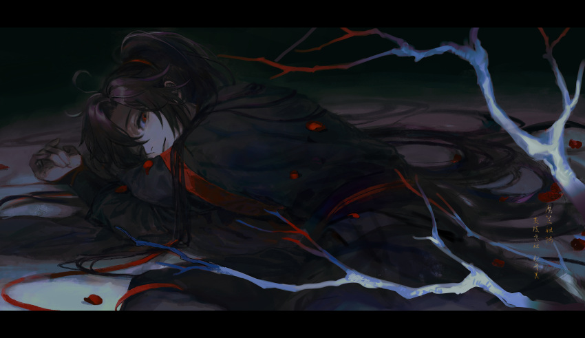1boy, ahoge, bare_tree, branch, closed_mouth, highres, lktt, long_hair