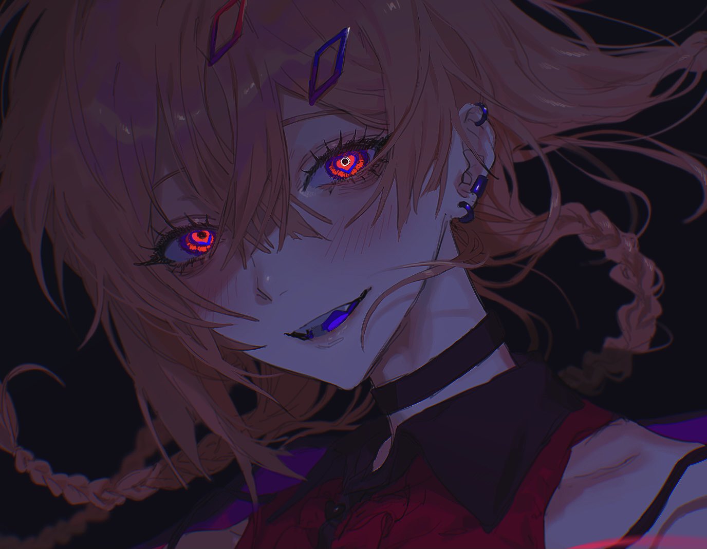 1girl, bare_shoulders, black_background, black_choker, blue_eyes, blue_tongue, blush, braid