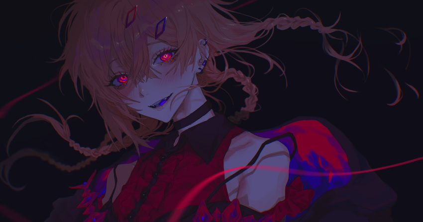 1girl, bare_shoulders, black_background, black_choker, blue_eyes, blue_tongue, blush, braid