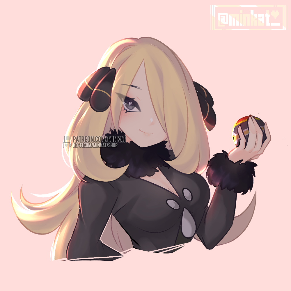 1girl, black_coat, blonde_hair, closed_mouth, coat, commentary, commission, cynthia_(pokemon)