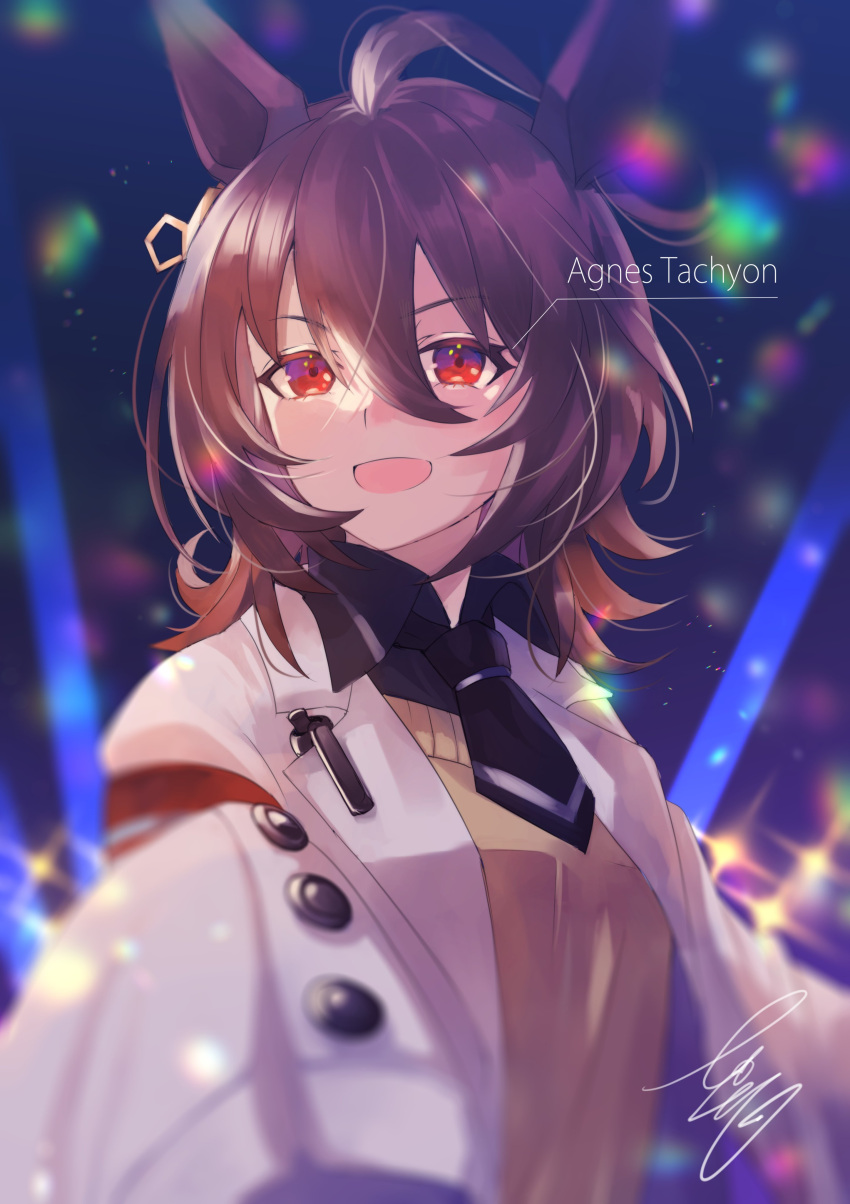 1girl, absurdres, agnes_tachyon, ahoge, animal_ears, brown_hair, character_name, highres, horse_ears, labcoat, madori_(sayuri5), necktie, pen, red_eyes, sleeves_past_fingers, sleeves_past_wrists, sweater_vest, umamusume