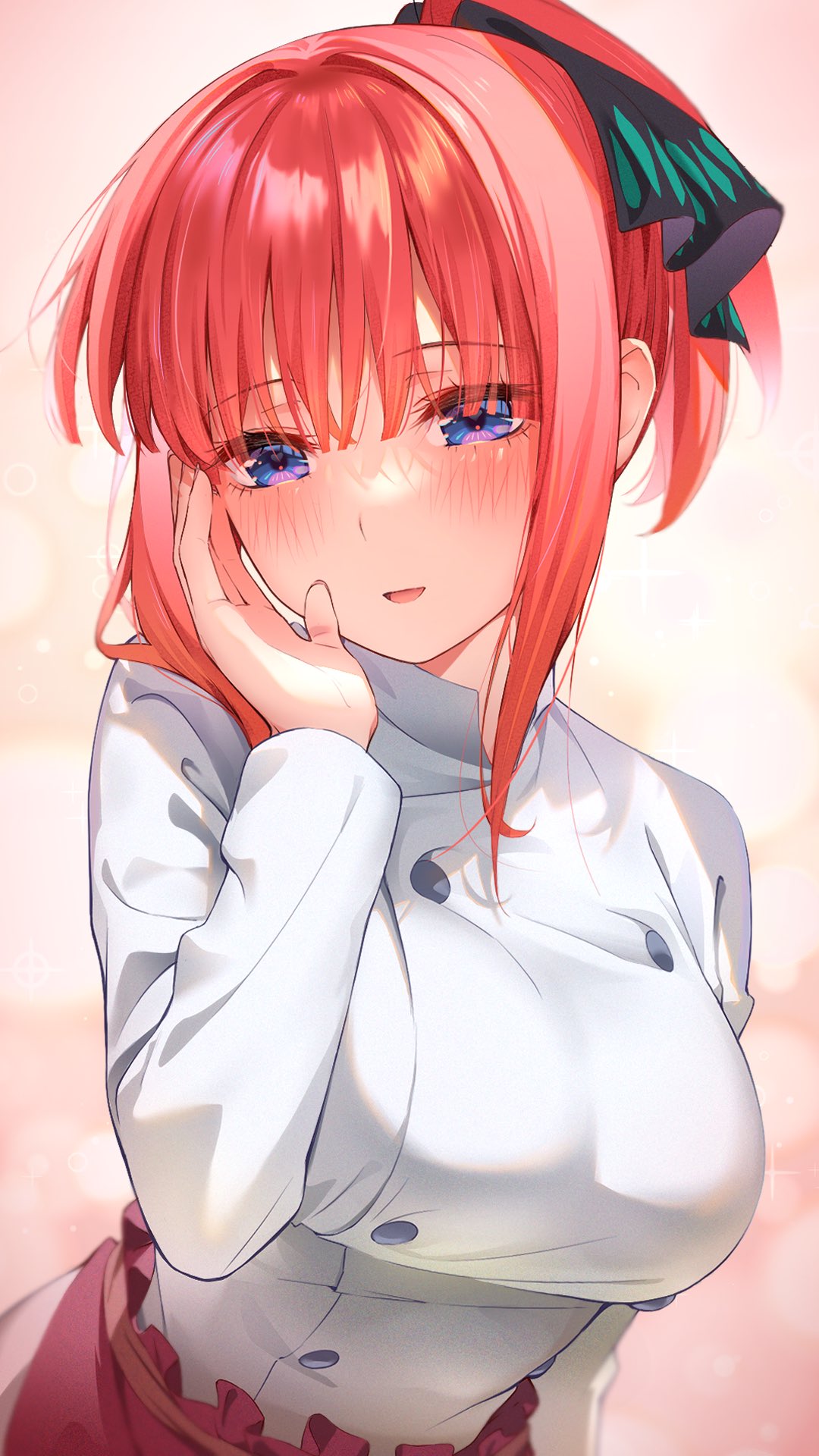 1girl, bangs, black_ribbon, blue_eyes, blunt_bangs, blush, breasts, commentary_request