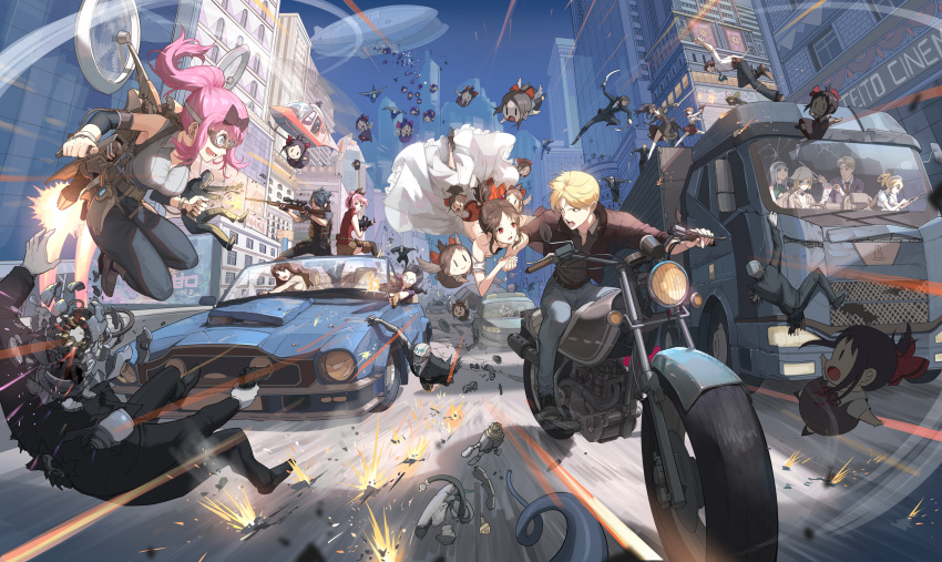 6+boys, 6+girls, :o, absurdres, aircraft, assault_rifle, bangs, bare_shoulders, black_bow, black_hair, black_jacket, black_pants, black_shirt, blonde_hair, bow, breasts, brown_hair, car, character_doll, character_request, chibi, city, collared_shirt, commentary_request, detached_sleeves, dirigible, dress, driving, father_and_daughter, father_and_son, firing, flying, formal, frills, fujiwara_chika, gloves, ground_vehicle, gun, hair_bow, hayasaka_ai, hayasaka_nao, helicopter, helmet, high_heels, highres, holding, holding_knife, holding_weapon, huge_filesize, iino_miko, ishigami_yuu, jacket, jetpack, kaguya-sama_wa_kokurasetai_~tensai-tachi_no_renai_zunousen~, kashiwagi_nagisa, knife, koyasu_tsubame, large_breasts, long_hair, low_twintails, mother_and_daughter, motor_vehicle, motorcycle, multiple_boys, multiple_girls, multiple_persona, open_mouth, osaragi_kobachi, outdoors, pants, pink_hair, police_car, ponytail, red_eyes, reference_request, revision, rifle, robot, shinomiya_kaguya, shiny, shiny_hair, shirogane_chichi, shirogane_kei, shirogane_miyuki, shirt, shoes, short_hair, siblings, smile, sniper_rifle, tanuma_tsubasa, tanziya_(codlxcold), twintails, weapon, wedding_dress, white_gloves, white_wings, wings