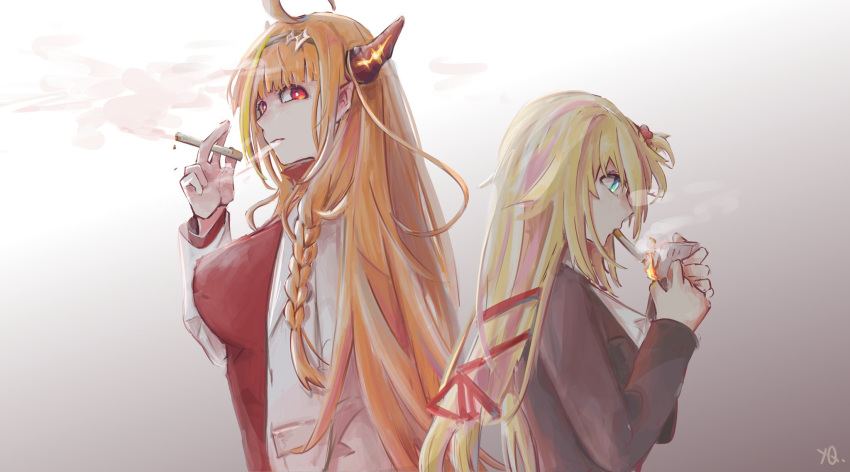 ahoge, akai_haato, black_jacket, blonde_hair, braid, breasts, cosplay, dragon_horns