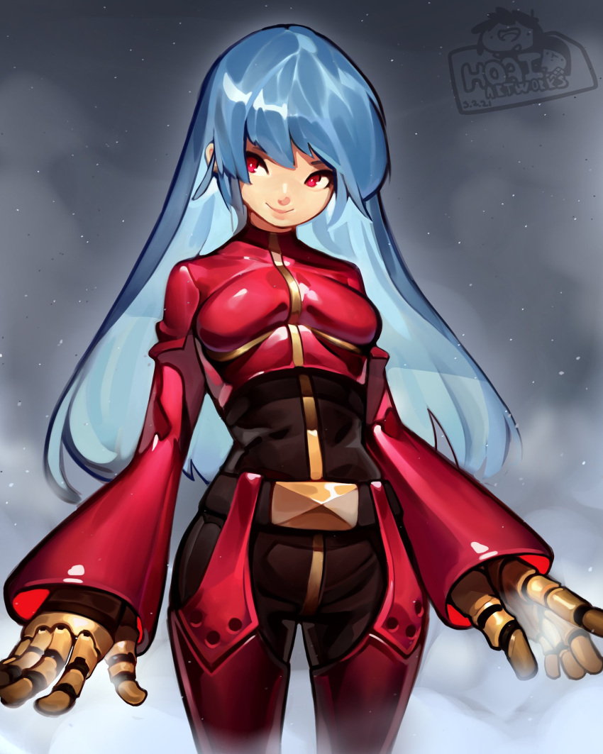 1girl, bangs, belt, blue_hair, blush, bodysuit, breasts, chaps, cropped_jacket, cryokinesis, gloves, highres, hoai_vu, jacket, kula_diamond, long_hair, looking_at_viewer, medium_breasts, red_eyes, simple_background, smile, solo, the_king_of_fighters, the_king_of_fighters_2000, violet_eyes, zipper