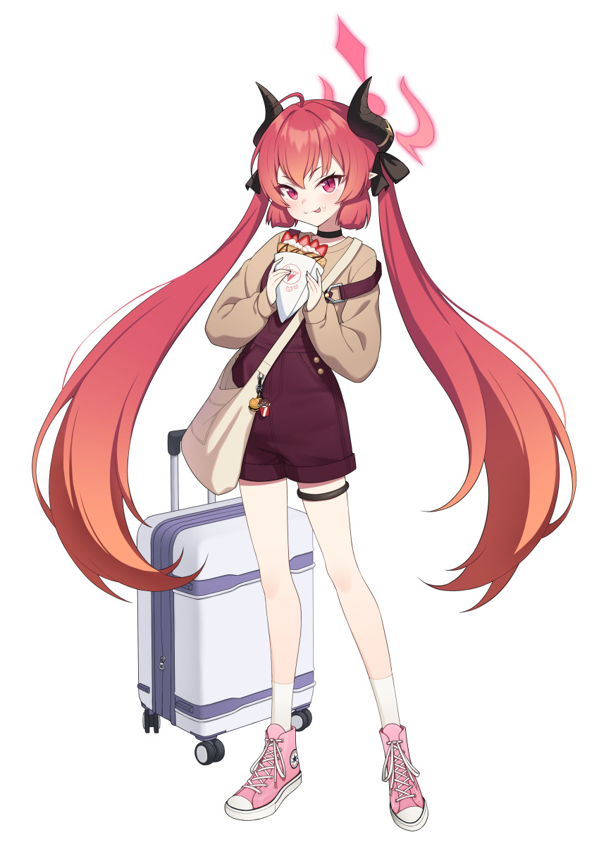 1girl, :p, absurdres, ahoge, bag, bag_charm, black_choker, black_horns
