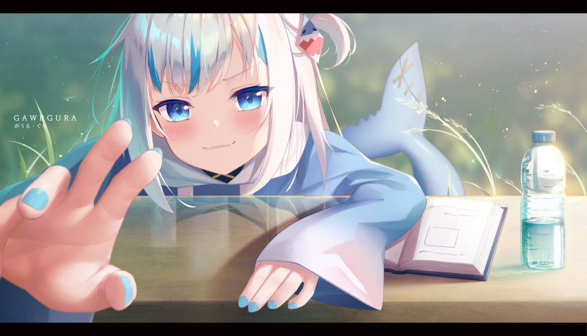 1girl, absurdres, bangs, bloom, blue_eyes, blue_hoodie, blue_nails, blunt_bangs