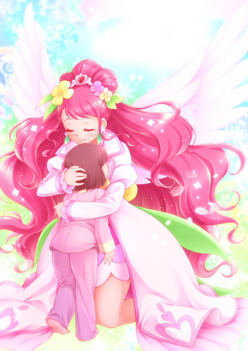 2girls, absurdres, angel_wings, arakawa_tarou, blush, closed_eyes, commentary_request, cure_grace