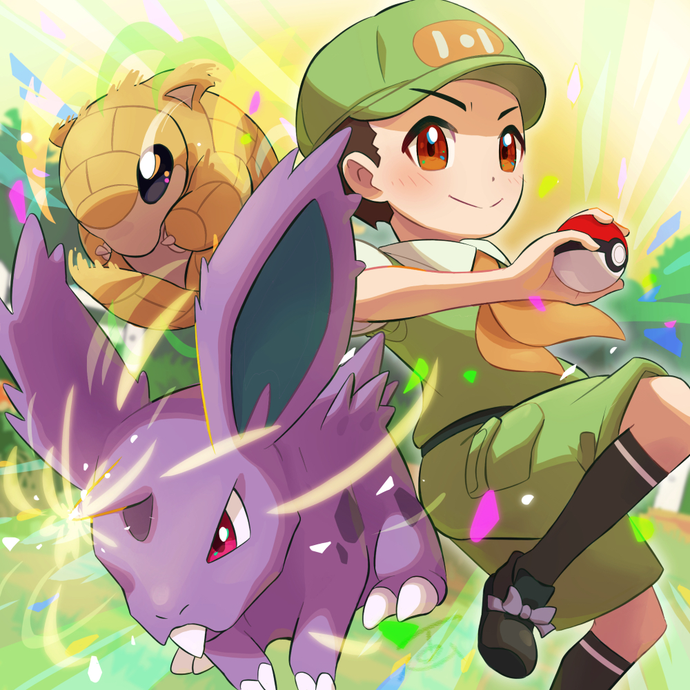 1boy, blush, brown_eyes, brown_hair, camper_(pokemon), closed_mouth, commentary_request, gen_1_pokemon