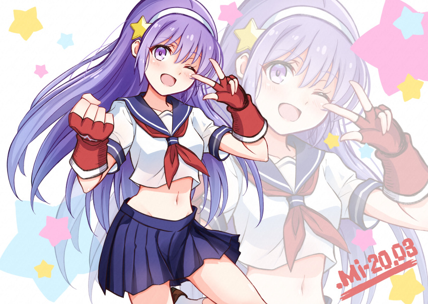 1girl, ;d, asamiya_athena, bangs, blue_sailor_collar, blue_skirt, blush, breasts, brown_footwear, clenched_hand, commentary_request, dated, eyebrows_visible_through_hair, fingerless_gloves, gloves, hair_between_eyes, hair_ornament, hairband, hands_up, happy, highres, kuroten, leg_up, long_hair, looking_at_viewer, midriff, navel, one_eye_closed, open_mouth, pleated_skirt, purple_hair, red_gloves, sailor_collar, school_uniform, serafuku, shiny, shiny_hair, shirt, shoes, short_sleeves, skirt, smile, socks, solo, star_(symbol), star_hair_ornament, starry_background, the_king_of_fighters, violet_eyes, w, w_over_eye, white_background, white_hairband, white_legwear, white_shirt, zoom_layer