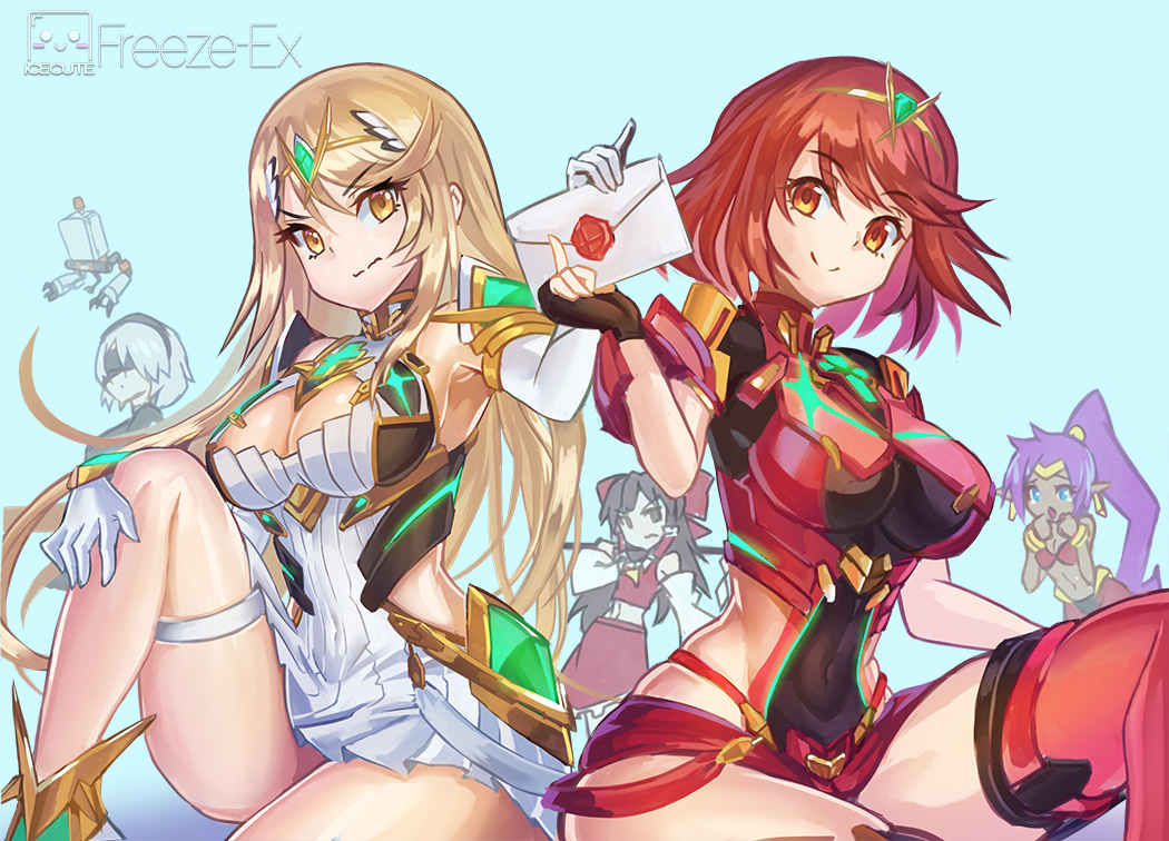 5girls, aegis_sword_(xenoblade), arabian_clothes, ascot, bangs, bare_legs, bare_shoulders, black_blindfold, black_dress, black_gloves, blindfold, blonde_hair, bow, bracer, breasts, brown_eyes, brown_hair, chest_jewel, cleavage_cutout, clothing_cutout, crossover, dark_skin, dark-skinned_female, detached_sleeves, dress, earrings, elbow_gloves, fingerless_gloves, freeze-ex, gem, gloves, hair_bow, hair_tubes, hairband, hakurei_reimu, harem_pants, hat, headpiece, hoop_earrings, jewelry, large_breasts, long_hair, mole, mole_under_mouth, multiple_crossover, multiple_girls, mythra_(xenoblade), nier_(series), nier_automata, open_mouth, pants, pod_(nier_automata), pointy_ears, pointy_footwear, pyra_(xenoblade), red_eyes, red_legwear, red_shorts, redhead, ribbon, shantae_(character), shantae_(series), short_dress, short_hair, short_shorts, shorts, silver_hair, smash_invitation, smile, super_smash_bros., swept_bangs, thigh-highs, thigh_strap, tiara, touhou, white_dress, white_footwear, white_gloves, white_hair, xenoblade_chronicles_(series), xenoblade_chronicles_2, yellow_eyes, yorha_no._2_type_b
