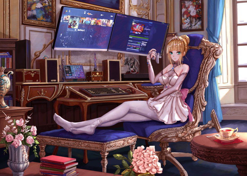 1girl, bare_shoulders, black_tea, blonde_hair, book, chair, computer, cup
