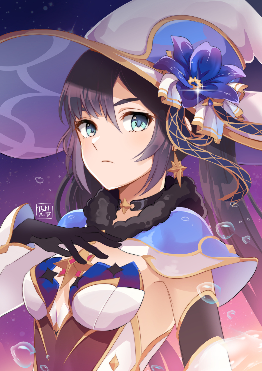 1girl, alternate_costume, alternate_headwear, artist_name, bangs, black_gloves, black_hair, blue_eyes, blue_flower, breasts, choker, closed_mouth, dakiarts, earrings, flower, genshin_impact, gloves, hair_between_eyes, hat, hat_flower, hat_ornament, highres, jewelry, leotard, looking_at_viewer, mona_(genshin_impact), solo, twintails, upper_body