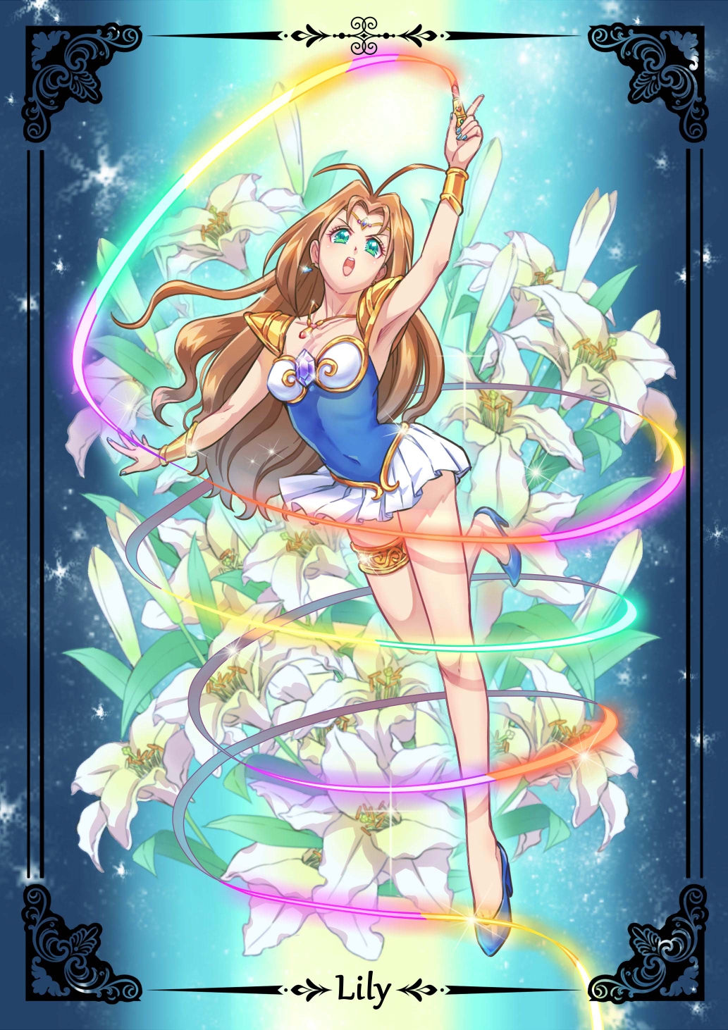 1girl, angel_lily, antenna_hair, armpits, bare_legs, blue_footwear, blue_nails, brown_hair, character_name, circlet, cosmetics, covered_navel, earrings, fingernails, flower, full_body, green_eyes, heart, heart_earrings, high_heels, highres, huiji, jewelry, lily_(flower), lipstick, lipstick_tube, long_hair, magical_girl, makeup, necklace, object_namesake, open_mouth, serious, shoes, skirt, solo, standing, standing_on_one_leg, tanima_yuri, thighlet, wedding_peach, white_skirt