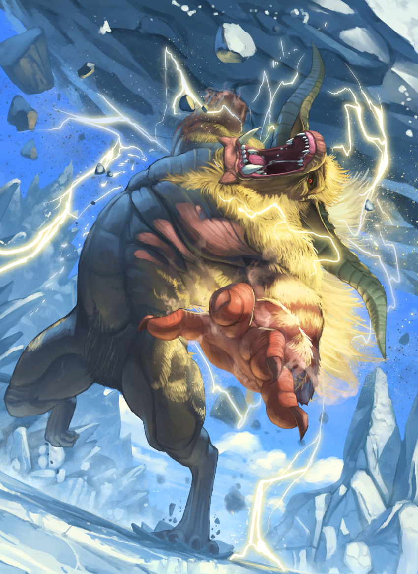 clouds, commentary, day, electricity, highres, horns, monster_hunter, no_humans
