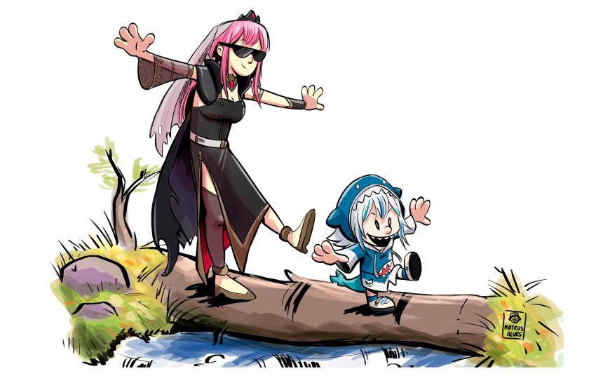2girls, animal_hood, artist_name, asymmetrical_legwear, balancing, black_cape, black_dress, blue_hair, calvin_&amp;_hobbes, cape, commentary, detached_sleeves, dress, english_commentary, fish_tail, gawr_gura, grass, highres, hololive, hololive_english, hood, log, long_hair, long_sleeves, mateus_alves, medium_hair, mori_calliope, multicolored_hair, multiple_girls, open_mouth, outstretched_arms, parody, pink_hair, shark_hood, shark_tail, sharp_teeth, signature, silver_hair, simple_background, single_sleeve, smile, stone, streaked_hair, style_parody, sunglasses, tail, teeth, tiara, torn_cape, torn_clothes, torn_veil, veil, walking, water_stream, watermark, white_background