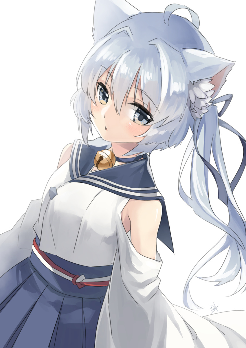 1girl, :o, ahoge, animal_ears, asashio_(azur_lane), azur_lane, bell, blue_eyes, blue_hair, blue_ribbon, blue_sash, blue_skirt, bow, breasts, cat_ears, cat_girl, cat_tail, detached_sleeves, eyebrows_visible_through_hair, grey_bow, hair_between_eyes, hakama_skirt, highres, japanese_clothes, jingle_bell, long_hair, medium_breasts, mstlp, ribbon, sash, simple_background, skirt, solo, tail, upper_body, white_background