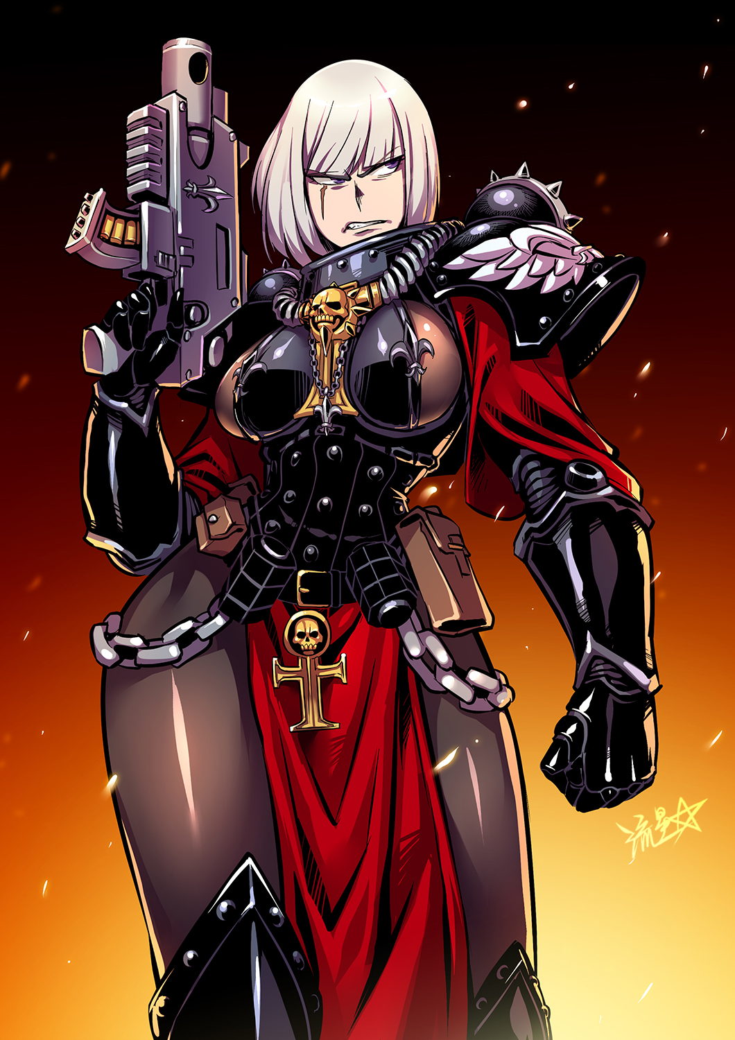 1girl, adepta_sororitas, armor, bolt_pistol, bolter, chain, embers, english_commentary