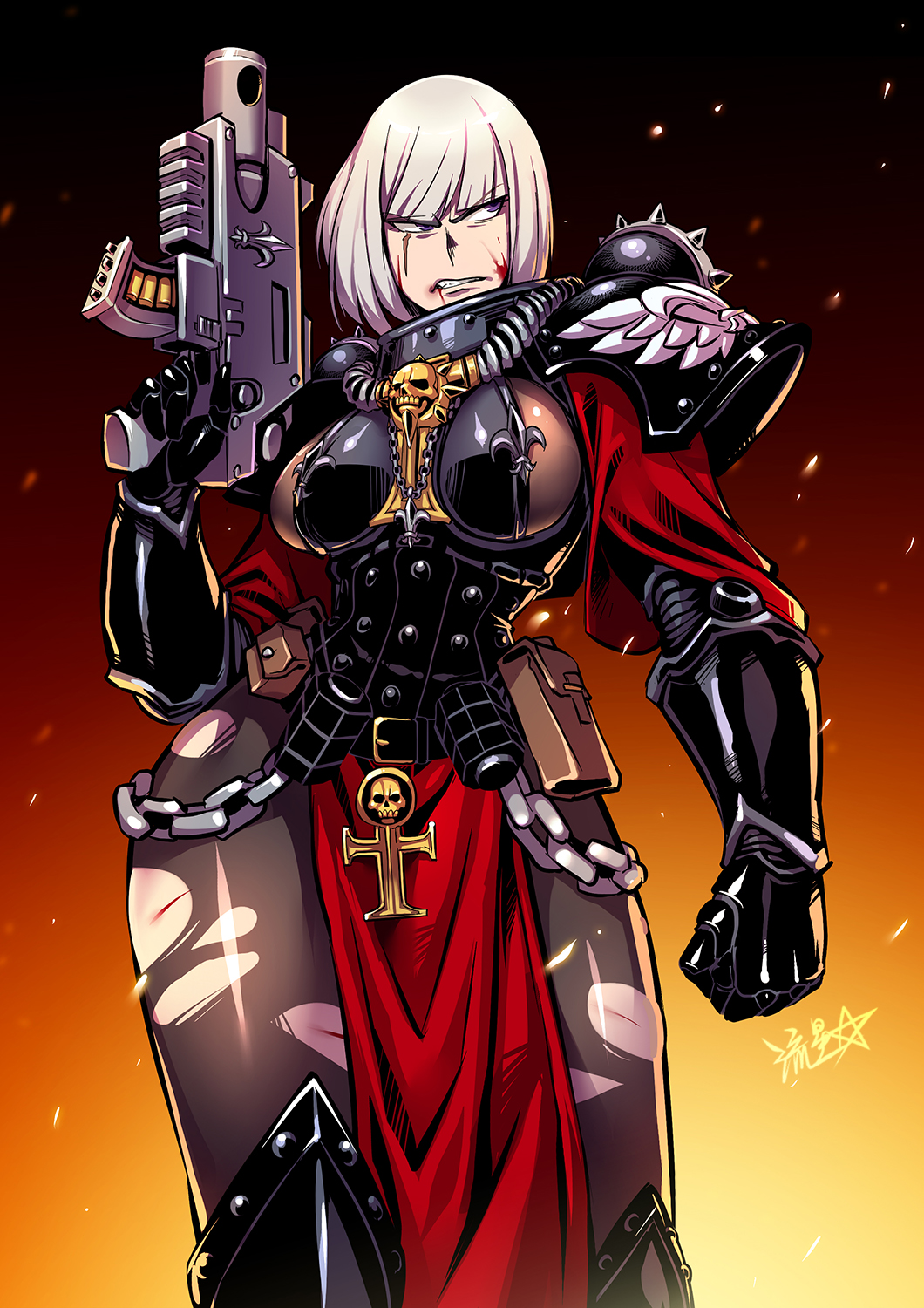 1girl, adepta_sororitas, armor, blood, blood_on_face, bolt_pistol, bolter, chain, cuts, embers, english_commentary, eyebrows_visible_through_hair, fleur_de_lis, gun, highres, holding, holding_gun, holding_weapon, injury, leggings, looking_to_the_side, pauldrons, pouch, power_armor, rosary, ryuusei_(mark_ii), scar, scar_across_eye, shoulder_armor, signature, sister_of_battle, skull, solo, torn_clothes, torn_legwear, warhammer_40k, weapon, white_hair