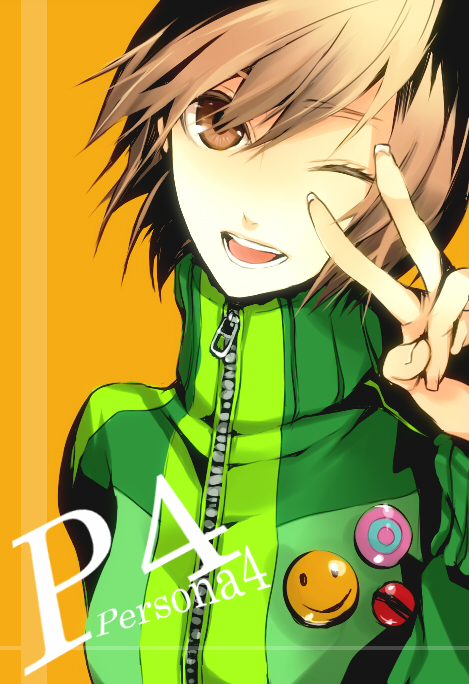 brown_hair, jacket, macco, persona, persona_4, pins, satonaka_chie, short_hair