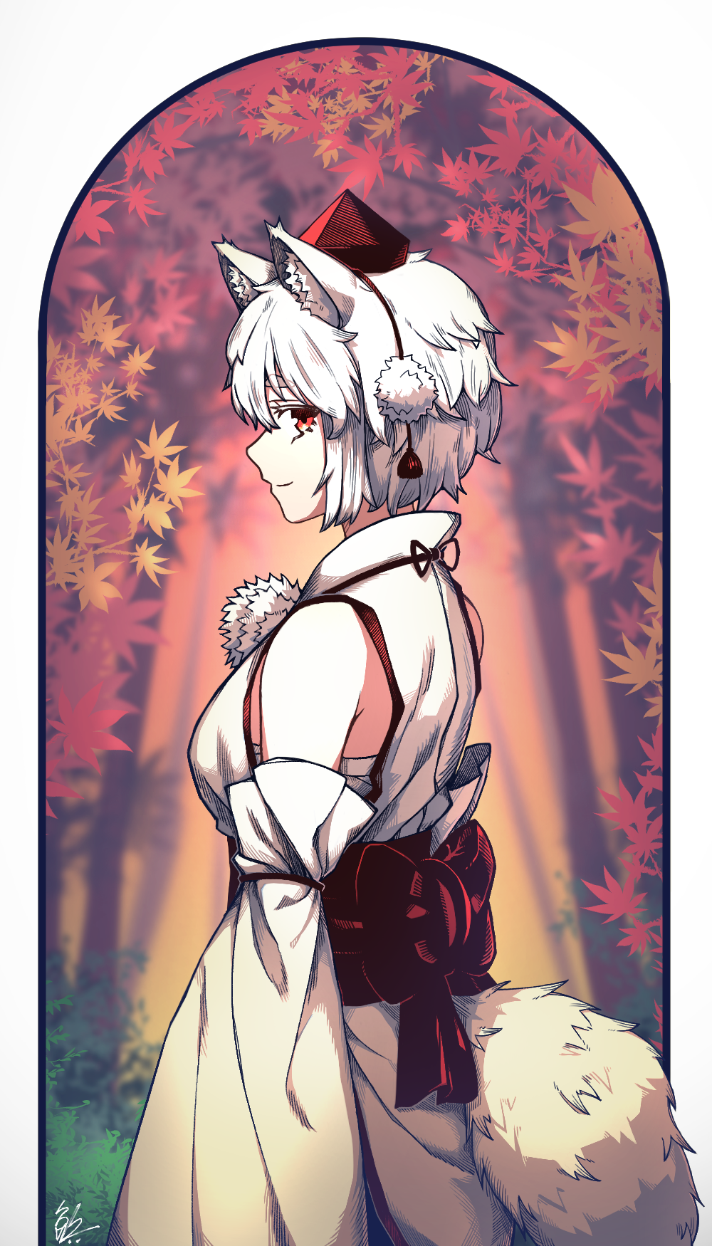 1641_(chfhrtor94), 1girl, animal_ear_fluff, animal_ears, autumn_leaves, breasts, commentary_request, detached_sleeves