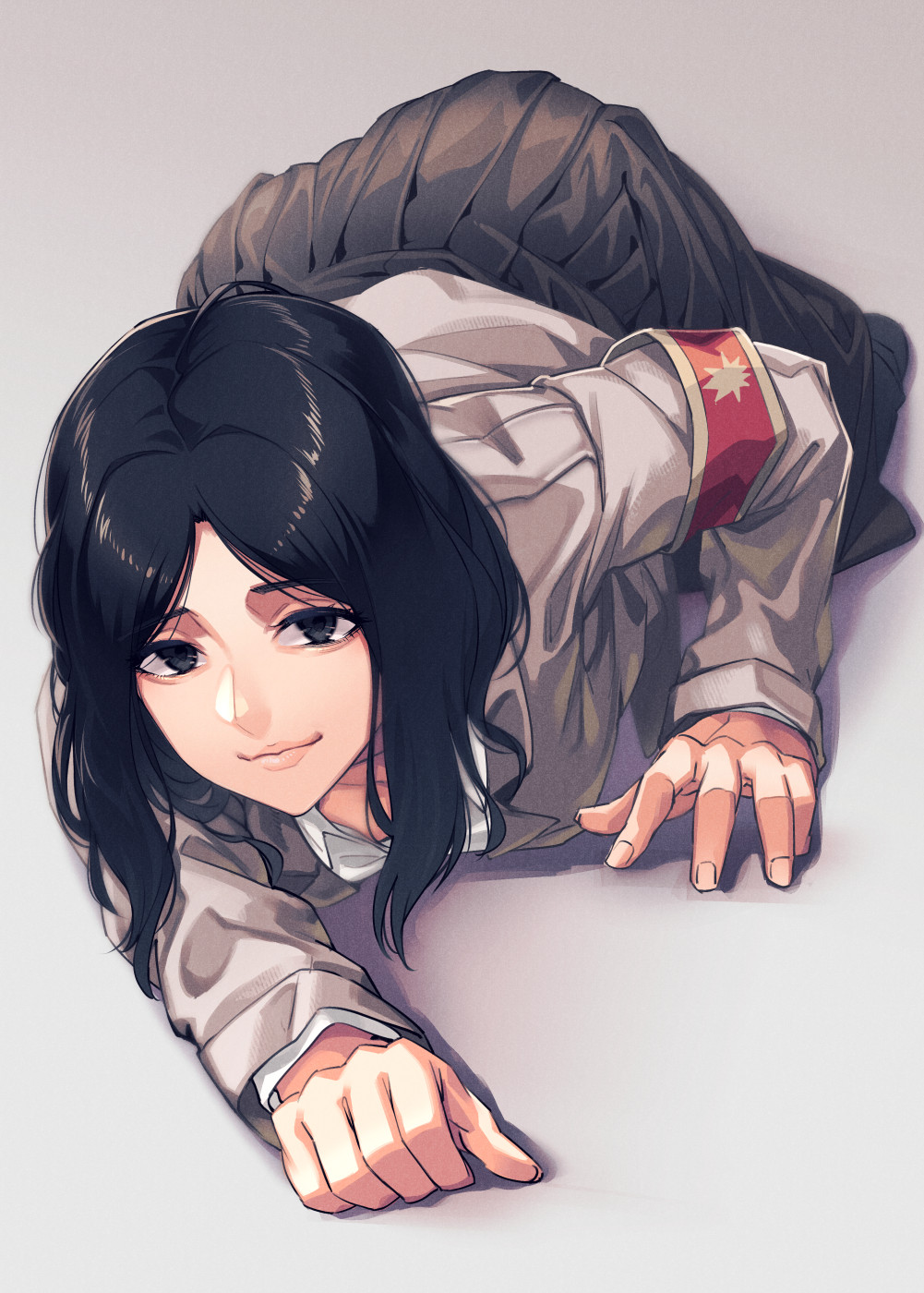 1girl, ahoge, all_fours, armband, black_eyes, black_hair, black_skirt, commentary_request, grey_shirt, highres, looking_at_viewer, mikel_(4hands), military, military_uniform, pieck, shingeki_no_kyojin, shirt, skirt, smile, solo, uniform