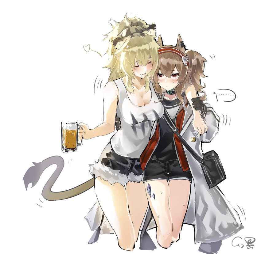 ..., 2girls, absurdres, alcohol, angelina_(arknights), animal_ears, arknights, beer, beer_mug, blush, candy, closed_eyes, cup, drunk, food, fox_ears, fox_girl, gloves, headband, highres, jacket, jacket_removed, lion_ears, lion_girl, lion_tail, lollipop, mug, multiple_girls, oripathy_lesion_(arknights), shorts, siege_(arknights), speech_bubble, tail, tank_top, xiaohuanjie