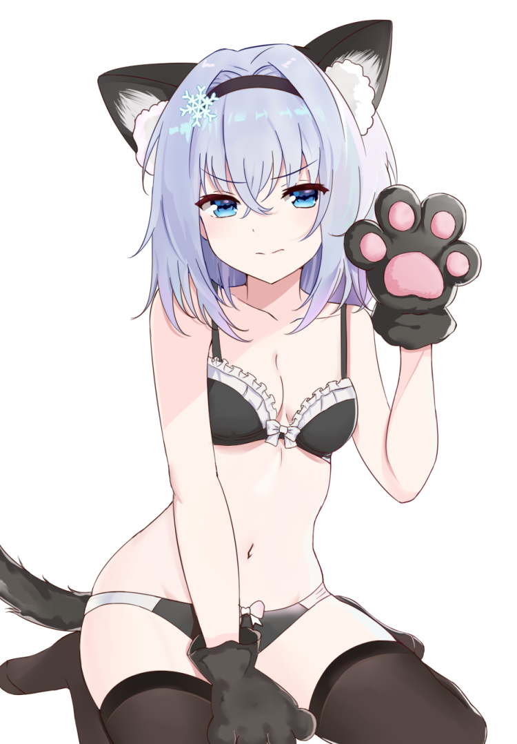 1girl, animal_ear_fluff, animal_ears, bare_arms, bare_shoulders, black_bra, black_legwear, black_panties