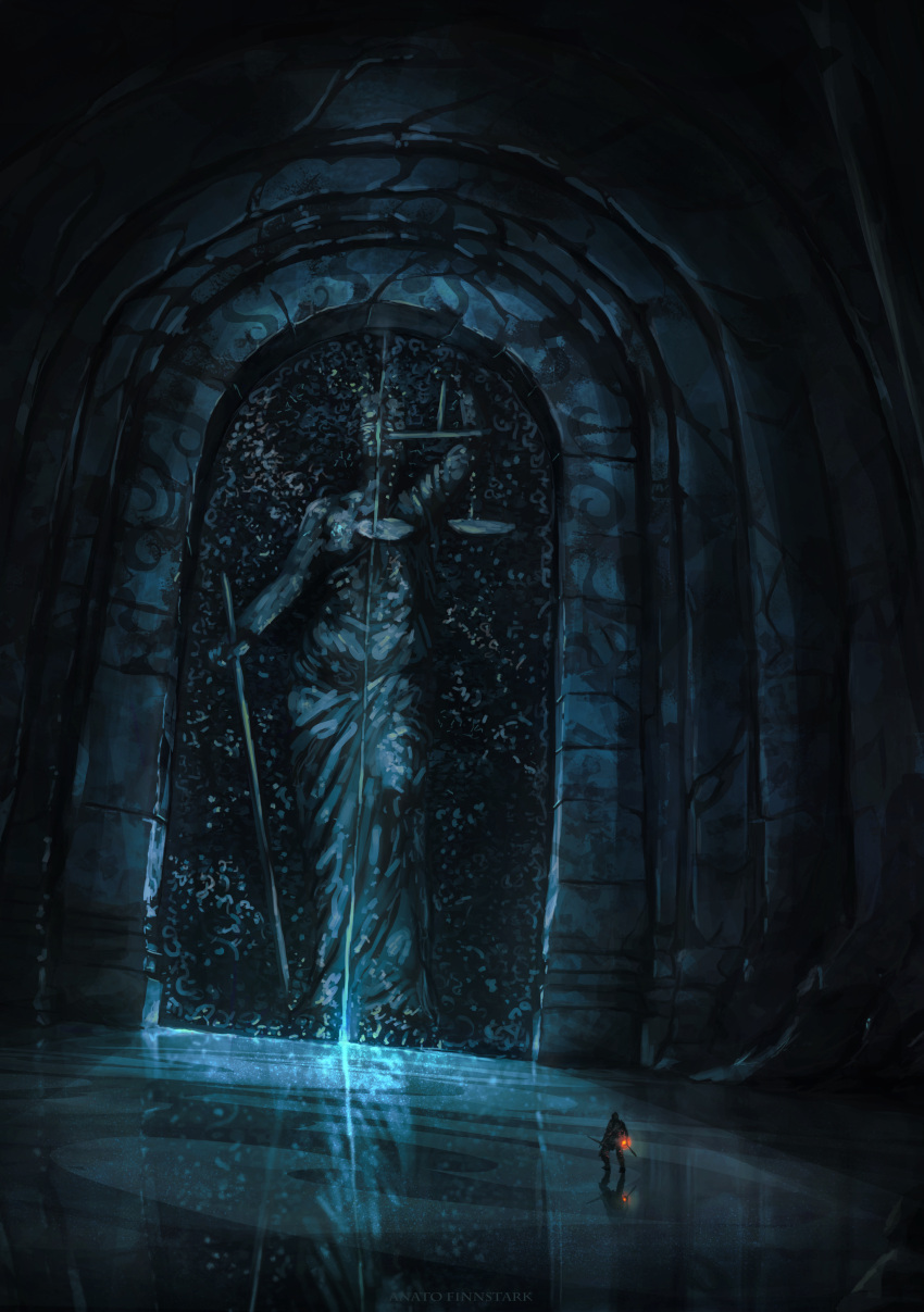1other, absurdres, anatofinnstark, artist_name, door, doorway, dutch_angle, facing_away, glowing, highres, holding, holding_sword, holding_weapon, indoors, knight, lady_justice, light_rays, scenery, solo, souls_(from_software), standing, sword, very_wide_shot, weapon