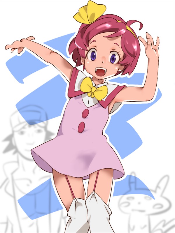 1boy, 1girl, ahoge, arms_up, ash_ketchum, ass_visible_through_thighs, bangs, blue_background