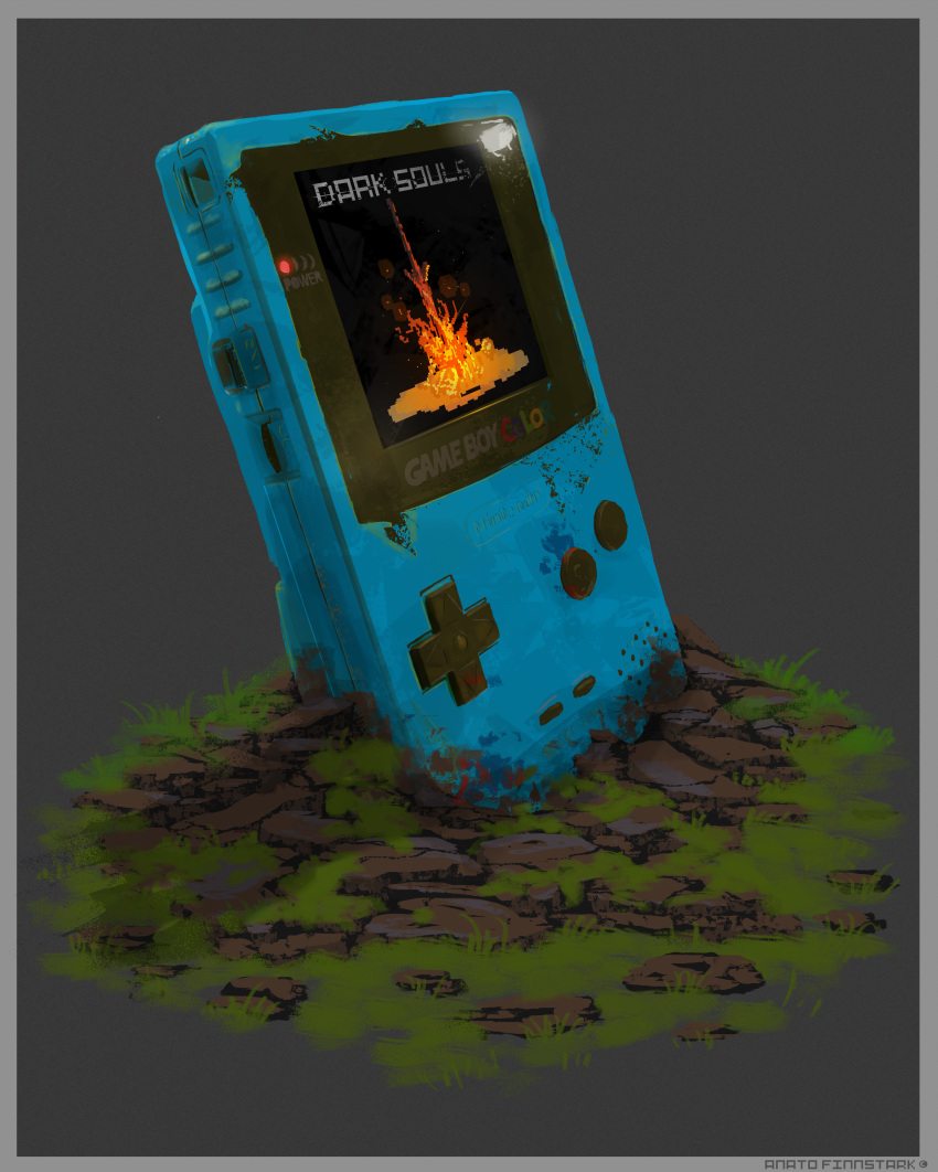 absurdres, anatofinnstark, bonfire, border, copyright_name, dark_souls, game_boy_color, grass