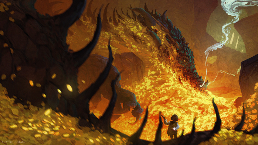 1boy, anatofinnstark, arm_behind_back, bilbo_baggins, brown_hair, claws, coin, dragon