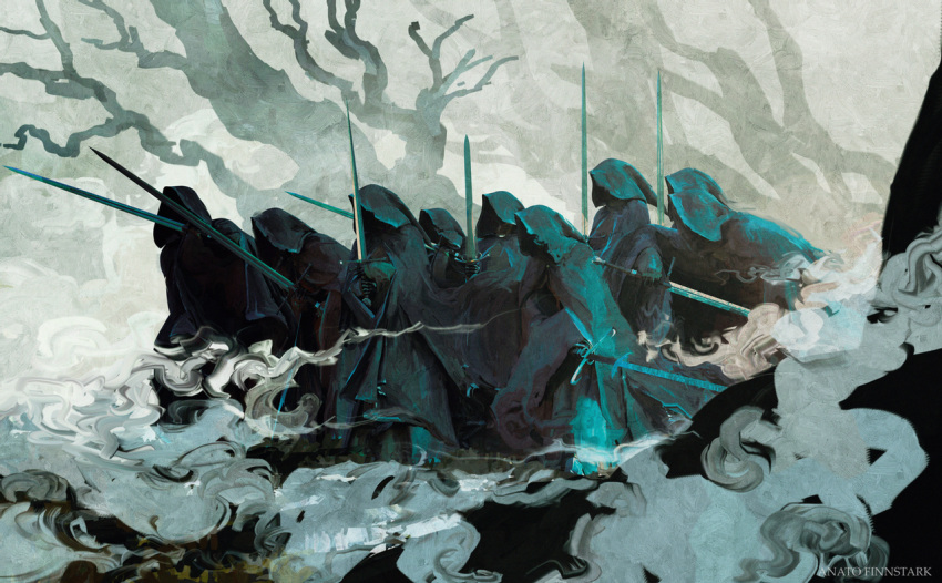 6+boys, anatofinnstark, artist_name, black_cloak, cloak, fog, gauntlets, hands_up, holding, holding_sword, holding_weapon, hood, hood_up, hooded_cloak, lord_of_the_rings, multiple_boys, nazgul, outdoors, scenery, standing, sword, the_nine, tree, weapon