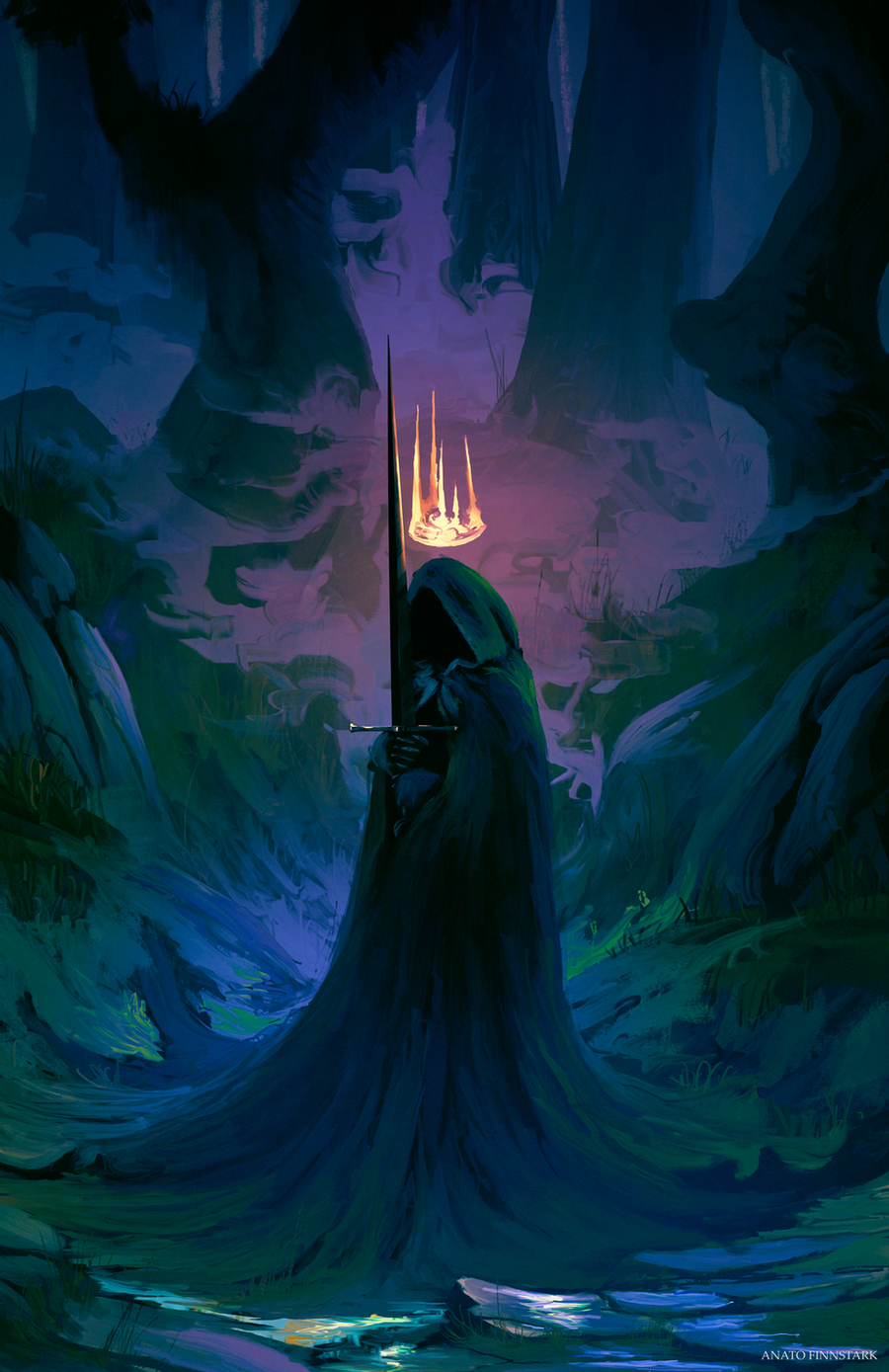 1boy, anatofinnstark, black_cloak, cloak, crown, floating, floating_object, forest, highres, holding, holding_sword, holding_weapon, hood, hood_up, hooded_cloak, lord_of_the_rings, male_focus, nature, nazgul, night, outdoors, scenery, solo, standing, sword, tree, weapon