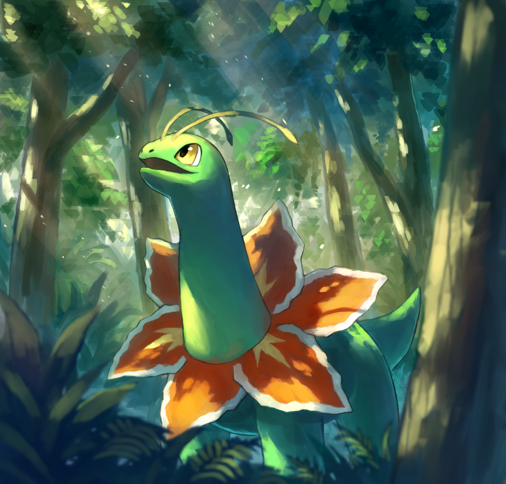 commentary_request, forest, from_below, gen_2_pokemon, light_beam, looking_up, meganium, nasuno_posi