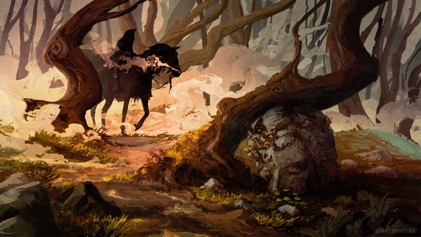 1boy, anatofinnstark, armored_boots, artist_name, bare_tree, black_cloak, boots, cloak, crown, english_commentary, fog, forest, grass, highres, hood, hooded_cloak, horse, lord_of_the_rings, nature, nazgul, outdoors, red_eyes, riding, scenery, sitting, solo, tree