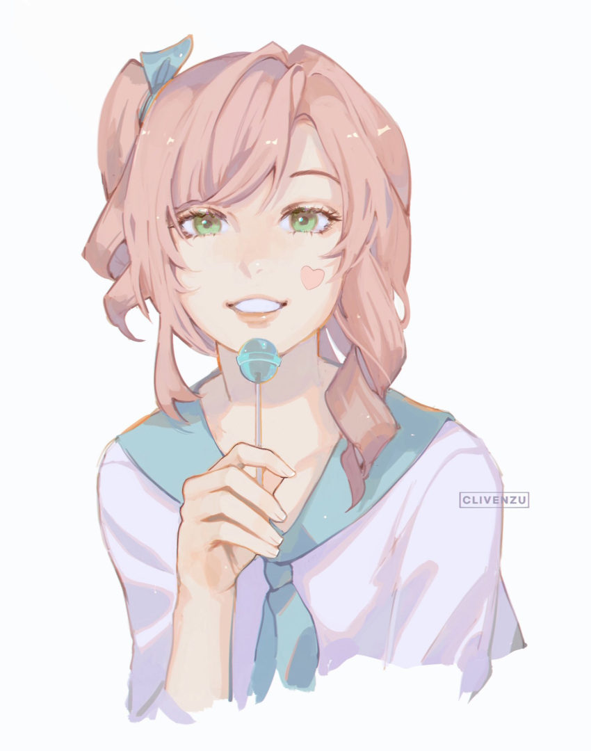 1girl, blue_neckwear, blue_sailor_collar, candy, clivenzu, facial_mark, fingernails, food