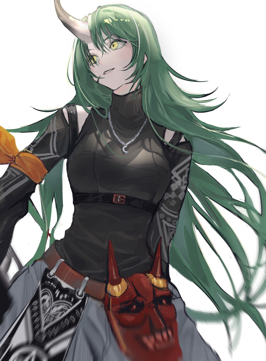 1girl, ak_(ak98110881), arknights, bangs, black_shirt, breasts, cowboy_shot, green_hair