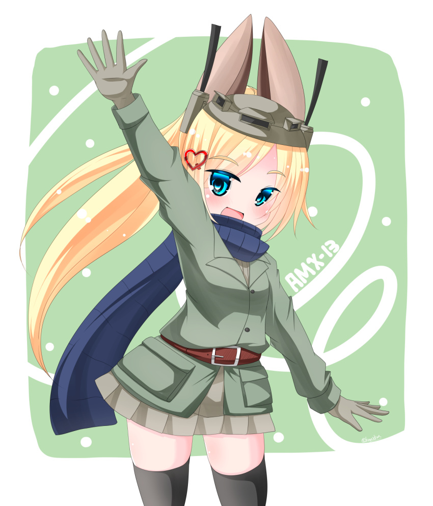 1girl, :d, amx-13, animal_ears, arm_up, bangs, black_legwear, blonde_hair, blue_eyes, blue_scarf, brown_headwear, commentary_request, eyebrows_visible_through_hair, green_background, green_jacket, grey_skirt, hair_ornament, hat, heart, heart_hair_ornament, highres, jacket, kanijiru, long_hair, open_mouth, original, parted_bangs, personification, scarf, skirt, smile, solo, standing, thigh-highs, two-tone_background, very_long_hair, white_background