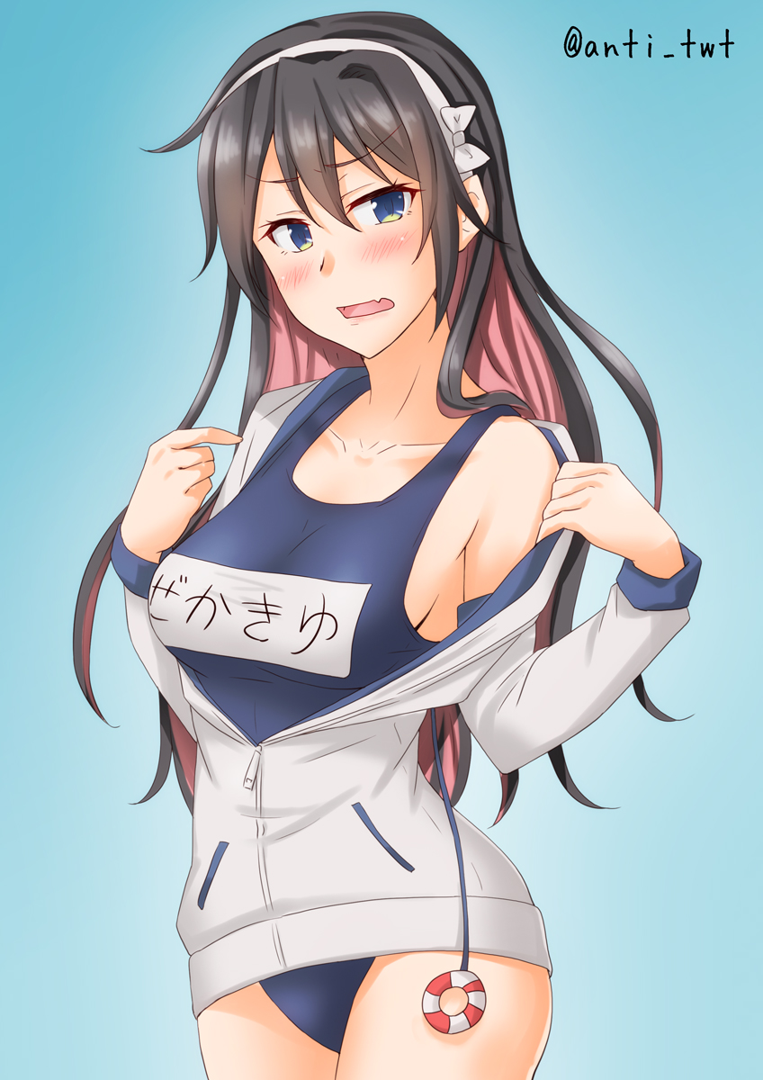 1girl, alternate_eye_color, anti_(untea9), black_hair, blue_background, blue_eyes, blue_swimsuit, breasts