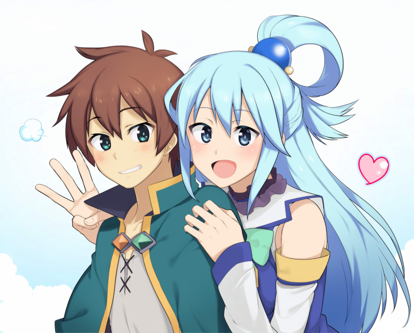 1boy, 1girl, :d, aqua_(konosuba), bare_shoulders, blue_eyes, blue_hair, blush