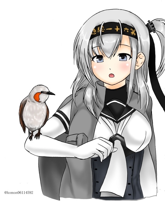 1girl, animal_on_arm, bird, bird_on_arm, black_headband, black_sailor_collar, bodysuit, brown-eared_bulbul