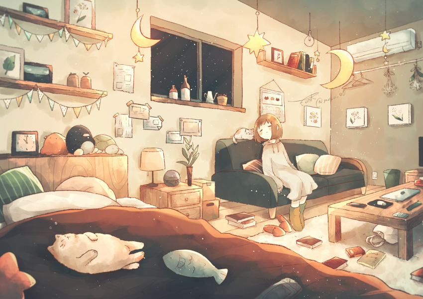 1girl, absurdres, bed, boots, brown_hair, cat, closed_eyes, closed_mouth