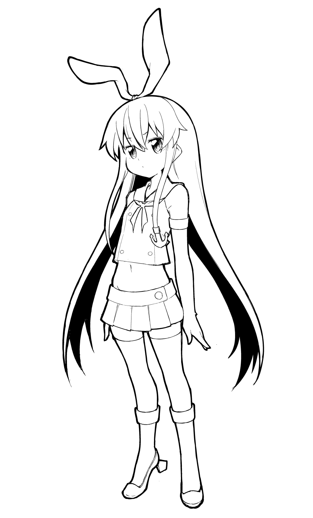 1girl, anchor_hair_ornament, ataru_(ataru-littlebird), crop_top, elbow_gloves, full_body, gloves, hair_ornament, hairband, highres, kantai_collection, lineart, long_hair, looking_at_viewer, microskirt, midriff, miniskirt, monochrome, shimakaze_(kancolle), skirt, smile, solo, standing, thigh-highs