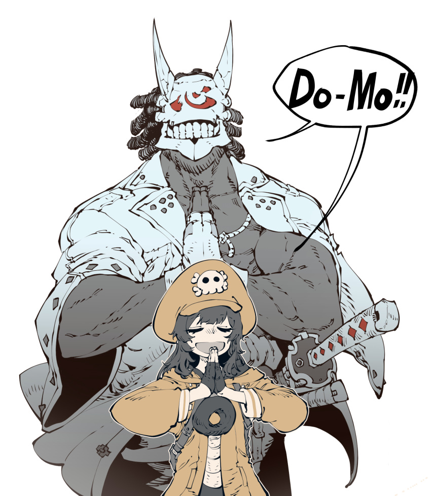 1boy, 1girl, closed_eyes, commentary_request, dark_skin, dark_skinned_male, fingerless_gloves, flat_color