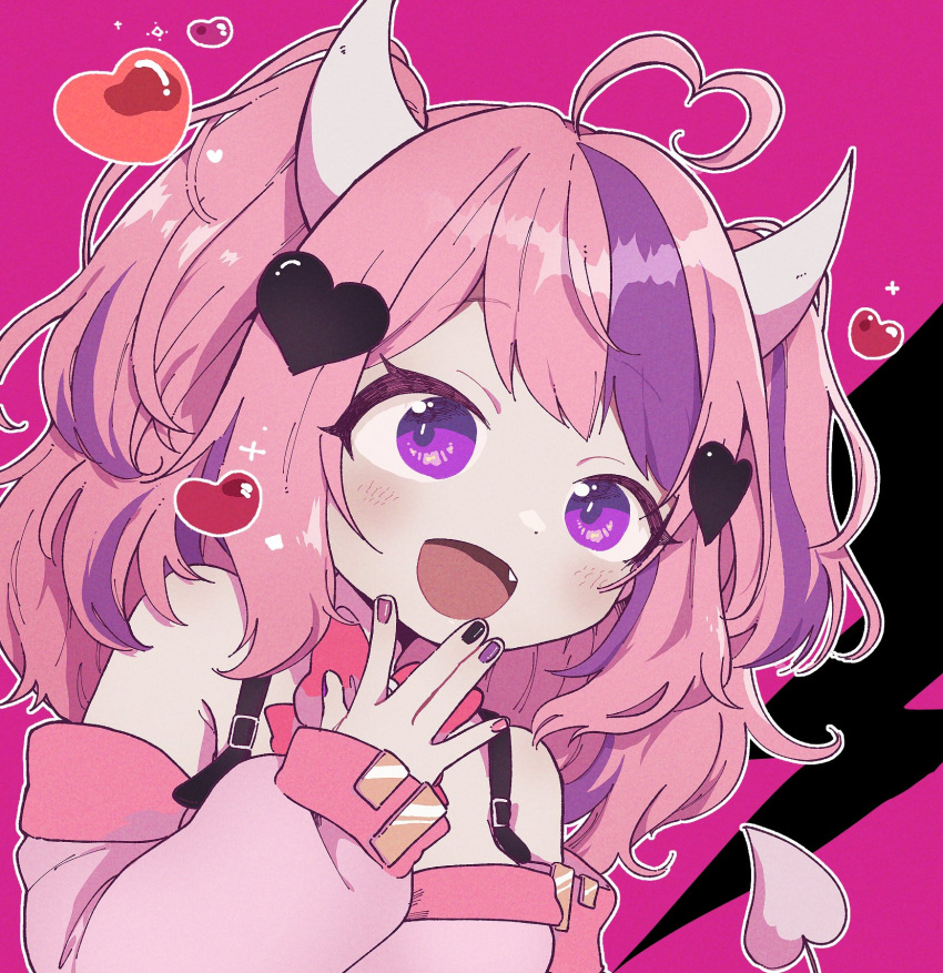 1girl, ahoge, bangs, bare_shoulders, black_background, blush, breasts, commentary, commission, demon_horns, demon_tail, eyebrows_visible_through_hair, fang, hair_ornament, hand_to_own_mouth, heart, heart_ahoge, heart_hair_ornament, highres, horns, ironmouse, lightning_bolt, medium_breasts, medium_hair, multicolored_hair, nail_polish, no1shyv, off-shoulder_shirt, off_shoulder, open_mouth, outline, pink_background, pink_hair, purple_hair, shirt, skeb_commission, solo, streaked_hair, tail, two-tone_background, two-tone_hair, two_side_up, upper_body, violet_eyes, virtual_youtuber, vshojo, white_outline