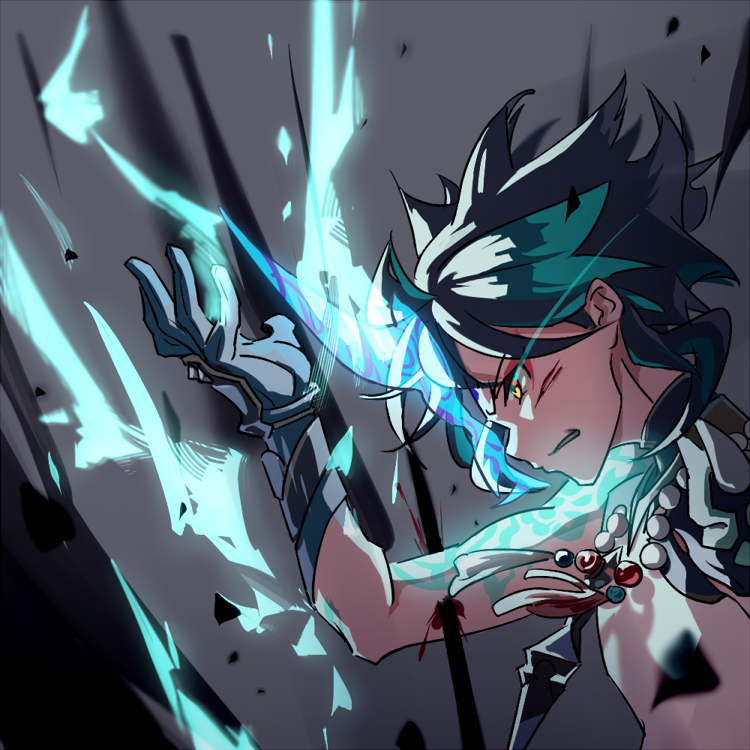 1boy, arm_tattoo, armor, bead_necklace, beads, black_gloves, black_hair, blood